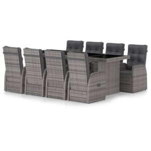 9 részes szürke polyrattan kültéri étkezőszett párnákkal