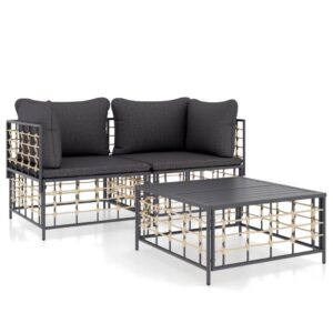3-részes antracitszürke polyrattan kerti ülőgarnitúra párnákkal