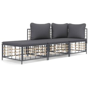 3-részes antracitszürke polyrattan kerti ülőgarnitúra párnákkal