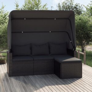 3-személyes fekete polyrattan kanapé tetővel és lábtartóval