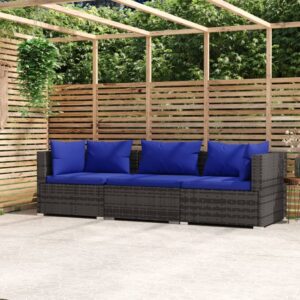 3-személyes szürke polyrattan kanapé párnákkal