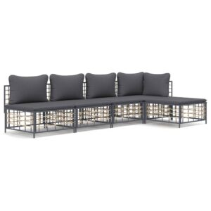 5-részes antracitszürke polyrattan kerti ülőgarnitúra párnákkal