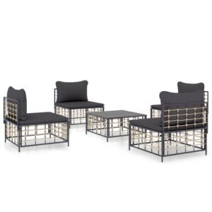 5-részes antracitszürke polyrattan kerti ülőgarnitúra párnákkal