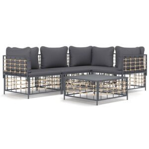 5-részes antracitszürke polyrattan kerti ülőgarnitúra párnákkal
