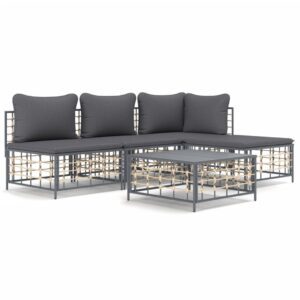 5-részes antracitszürke polyrattan kerti ülőgarnitúra párnákkal