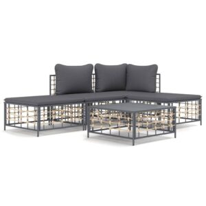 5-részes antracitszürke polyrattan kerti ülőgarnitúra párnákkal