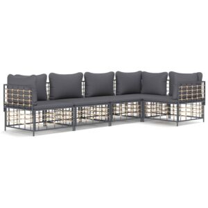 5-részes antracitszürke polyrattan kerti ülőgarnitúra párnákkal