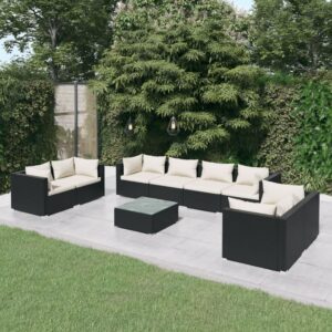 9-részes fekete polyrattan kerti ülőgarnitúra párnákkal