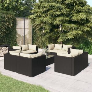 9-részes fekete polyrattan kerti ülőgarnitúra párnákkal