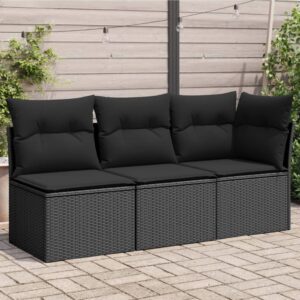 Fekete 3 személyes polyrattan kerti kanapé párnákkal