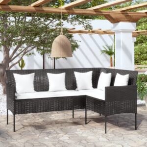 Fekete polyrattan l-alakú kanapé párnákkal