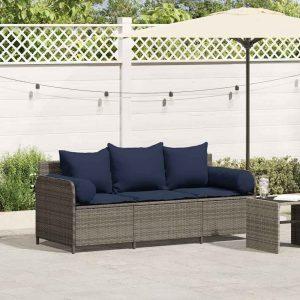 3 személyes szürke polyrattan kerti kanapé párnával
