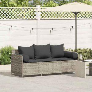 3 személyes világosszürke polyrattan kerti kanapé párnával
