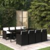 9 részes fekete polyrattan kerti étkezőgarnitúra párnákkal