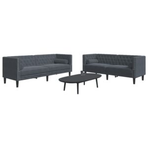 2 részes sötétszürke bársony chesterfield kanapészett párnákkal