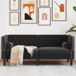 2 személyes fekete bársony chesterfield kanapé hengerpárnákkal