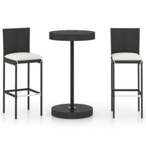 3 részes fekete polyrattan kültéri bárszett párnákkal
