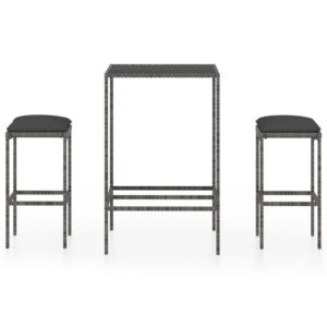 3 részes szürke polyrattan kerti bárszett párnákkal