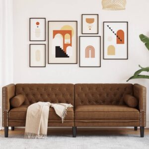 3 személyes barna műbőr chesterfield kanapé hengerpárnákkal