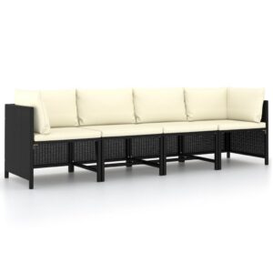 4 személyes fekete polyrattan kerti kanapé párnákkal