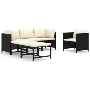6 részes fekete polyrattan kerti ülőgarnitúra párnákkal