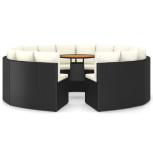 9 részes fekete polyrattan kerti kanapészett párnákkal
