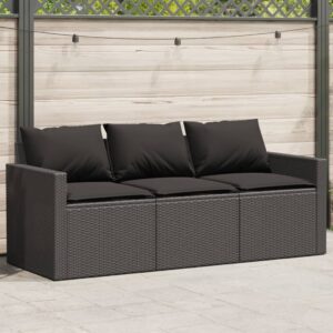 Fekete 3 személyes polyrattan kerti kanapé párnákkal
