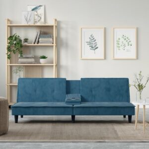 Kék bársony kanapéágy pohártartókkal