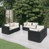 6-részes fekete polyrattan kerti ülőgarnitúra párnákkal