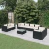 9-részes fekete polyrattan kerti ülőgarnitúra párnákkal