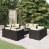9-részes fekete polyrattan kerti ülőgarnitúra párnákkal