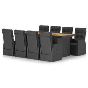 9 részes fekete polyrattan kültéri étkezőszett párnákkal